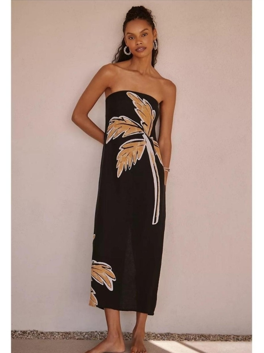 Anthropologie Black Strapless Midi Dress with Gold Palm Motif